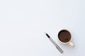 Space on the desk Area space enter text. mockup coffee cups snack candy, Pen note paper Placed on a White table top view desk ta