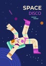 Space disco banner for party on cosmic thematic flat vector illustration.