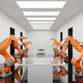 A space for displaying products on a metallic table surface with robotic arms