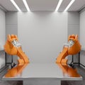 A space on a metallic table surface with robotic arms surrounding it in a modern factory