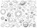 Space doodle. Astrology doodles, sketch space universe planets and hand drawn cosmic rocket vector illustration set