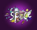 Space doodle. Colorful, cartoon space objects. Royalty Free Stock Photo