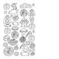 Space doodle pattern with teacher and students in doodle style. School, children. Science education, learning.