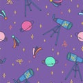 Space doodle with telescope, planets, moon, stars and comets. Outer space seamless pattern. Hand drawn vector