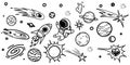 Space doodle vector elements. Hand drawn stars, comets, planets and moon in sky isolated on white background Royalty Free Stock Photo