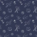 Space doodles icons seamless pattern. Hand drawn sketch with meteors, Sun and Moon, radar, astronaut and rocket. vector