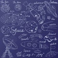 Space doodles icons set. Hand drawn sketch with Solar system, planets meteors and comats, Sun and Moon, radar, astronaut rocket an