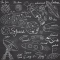 Space doodles icons set. Hand drawn sketch with Solar system, planets meteors and comats, Sun and Moon, radar, astronaut rocket an