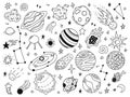 Space doodles. Sketch space planets, hand drawn celestial bodies, earth, sun and moon. Universe space planets vector