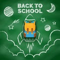 Space drawing with chalk on the school blackboard. Hand drawn rocket with a backpack flies among the stars. Creative Royalty Free Stock Photo