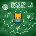Space drawing with chalk on the school blackboard. Hand drawn rocket with a backpack flies among the stars. Creative back to Royalty Free Stock Photo