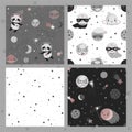 Space Dreams childish seamless hand drawn pattern with cute panda, planets, stars, moon Royalty Free Stock Photo