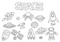 Space elements hand drawn set. Coloring book template. Outline doodle Royalty Free Stock Photo