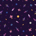 Space elements seamless pattern with cartoon spaceship, rockets, planet, meteor on purple backdrop with polka dots. Royalty Free Stock Photo