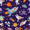 Space elements seamless pattern. Happy children in spacesuits. Astronauts in zero gravity. Planets and stars. Cosmic