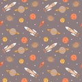 Space elements seamless pattern with rockets, planets, stars and comet