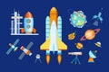 Space elements set. Spacecraft, rocket, astronomy, planet with orbit, ufo, satellite station, comet Royalty Free Stock Photo