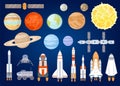 Space elements. Solar system planets, sun, spaceship, rocket, satellites, mars and moon rover. Universe exploring. Cartoon cosmic