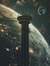 A space elevator with platforms offering views of Earth the moon Royalty Free Stock Photo