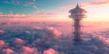 A space elevator transporting tourists from Earth into orbit, towering above the clouds.