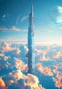 A space elevator transporting tourists from Earth into orbit, towering above the clouds.