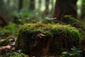 space empty concept advertising presentation product natural splay product close forest background blurred moss overgrown stump