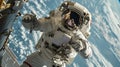 Space engineer in full spacesuit restores solar power to spacecraft in outer space