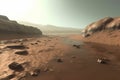 Red planet landscape with water in soil. Mars colonization. Generative AI