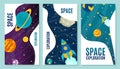 Space exploration cartoon banner, vector illustration. Flight rocket across galaxy, modern technology, exploration