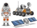 Space Exploration Elements: Astronaut, Mars Rover, and Satellite Vector Set Royalty Free Stock Photo
