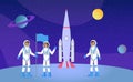Space exploration, expedition flat vector illustration. Young astronauts with flag, people in pressure suits cartoon