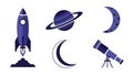 Space Exploration Icons: Rocket, Planet, Moon, Telescope Royalty Free Stock Photo