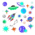 Space exploration icons set with rocket and UFO spaceship, flat vector isolated. Royalty Free Stock Photo