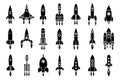 Space exploration rocket cosmos spaceship shuttle launch silhouette design icons set vector illustration