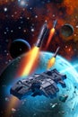 Space exploration, spaceship orbiting around an alien planetary system, under Attack by missiles,, 3d rendering