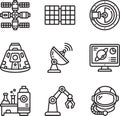 Space exploration and technology linear icons including satellite solar panels capsule robot Royalty Free Stock Photo
