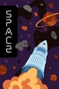 Space exploration or travel poster. Rocket exploring flies outer universe. Spaceship flight in galaxy across stars and Royalty Free Stock Photo