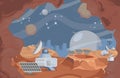 Space exploration vector flat illustration. Rover on planet surface, scientific research with robotic vehicles.