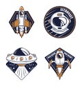 Space explorer astronaut helmet, UFO and spaceship design badge icons