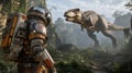 Space explorer confronts massive t-rex dinosaur in lush jungle in futuristic epic encounter