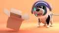 Space explorer dog on Mars notices floating empty cardboard box, 3d illustration