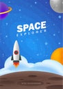 Space explorer. Vector flat illustrations. Kids backdrop - cosmos, stars, planets, spaceship, comets