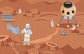 Space explorers in spacesuits making researches vector flat illustration. Astronauts and rovers walking on mars.