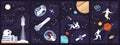 Space explorers travel set, astronauts flying among solar system planets and stars