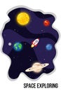 Space exploring background with sun, rocket, earth, mars. Universe with planets. Vector banner template for any design