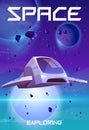 Space exploring cartoon poster. Rocket in galaxy