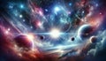 Space fantastic abstract background with stars, planets, flares. Outer space, wallpaper. Planetarium