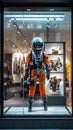 Space Fashion Exploration: Woman in Futuristic Space Suit Selects Innovative Attire in Meta Universe Store