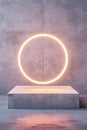 This space features a striking concrete chamber designed in brutalist style. A single neon ring floats above a