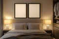 Empty square frames above a well-made bed with bedside lamps in a serene bedroom setting Royalty Free Stock Photo
